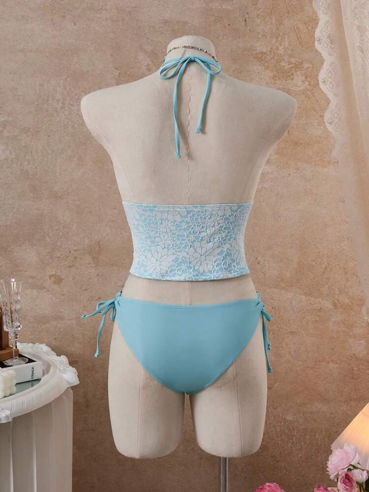 Swim Mod Women's Summer Beach Vacation Blue Floral Contrast Color Twist Halter Tankinis Swimwear, 2026 New Women's Swimwear ArrivalFor School, Suitable For Holiday, Date, Afternoon Tea, Western, Cruise, Beach, Island, Road Trip, All Seasons, Music Festival, Boho Vacation, Bohemian Vacation, Chill Autumn , Western Boho , Elegant Tops For Women Bikini Set Aqua Bikini Beach 2 Pieces Set Beach Top Bikini Set Vacation Swim Oasis 2 Piece - Blue - View 2