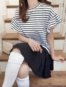 FRIFUL Áo thun nữ dáng suông kẻ sọc, viền bèo, thích hợp cho mùa hè. - màu đen - Xem 6