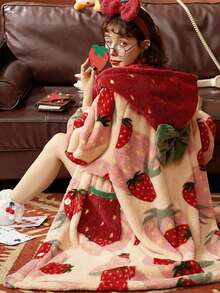 1pc Strawberry Print Hooded Fleece Bathrobe, Long Sleeve Warm Thick Button Closure Loungewear With Pockets, Women Sleepwear For Home, Bathroom, Spa, Salon, Hotel, Gym, Autumn - Multicolor - View 3
