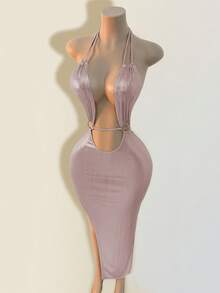 Mistrie 度假海滩性感纯色露背吊带裙 - 淺粉色 - 查看 3