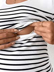SHEIN Maternity Casual Striped Short Sleeve Fitted Nursing T-Shirt, Summer - Multicolor - View 4