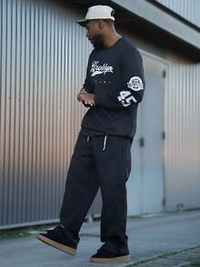 Heavens Edit 男士“VICTORY”印花圆领套头卫衣，街头风，秋冬款，长袖上衣 - 黑色 - 查看 4