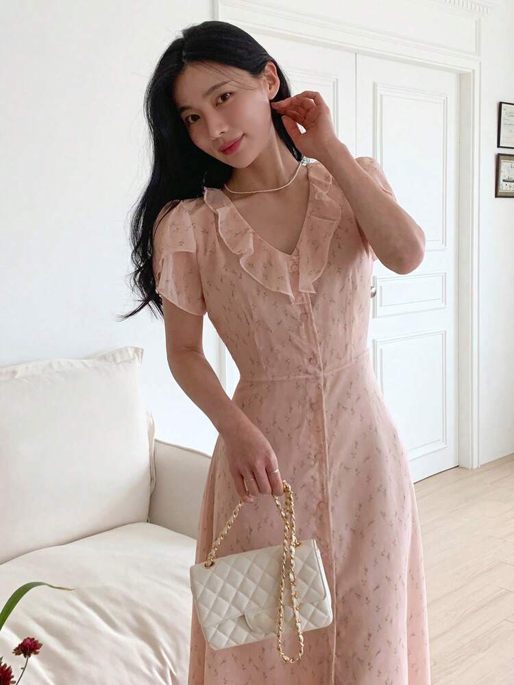 Women's V-Neck Ditsy Floral Waist Cinched Mid-Length Dress Maxi Dress