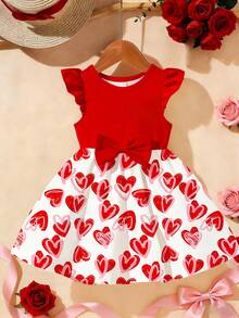 1件适合6个月至2-3岁女婴的甜美爱心设计连衣裙，红白爱心印花+大蝴蝶结装饰，喇叭袖，轻薄面料，可爱公主风，适合情人节/日常穿着，夏季 - 彩色 - 查看 4