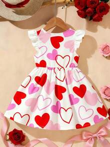 1 chiếc đầm cho bé gái 6 tháng - 2-3 tuổi, họa tiết trái tim và nơ lớn, tay bồng, chất liệu nhẹ, kiểu công chúa dễ thương, thích hợp cho ngày Valentine/mặc hàng ngày, mùa hè. - Nhiều màu - Xem 2