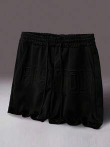 Manfinity Roghcode Men's Street Style Drawstring Shorts, Loose Minimalist Large Font Letter Embossed Shorts - Black - View 1