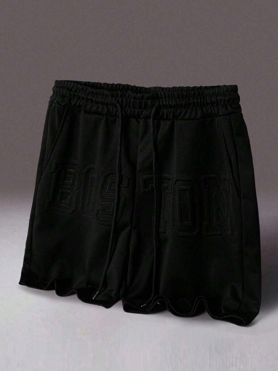 Manfinity Roghcode Men's Street Style Drawstring Shorts, Loose Minimalist Large Font Letter Embossed Shorts - Black - View 1