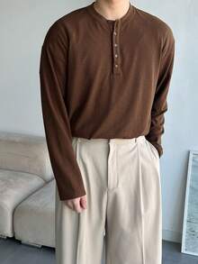 DAZY قميص بنصف سوستة بلون بني داكن للرجال، ربيع - بني - مشاهدة 3