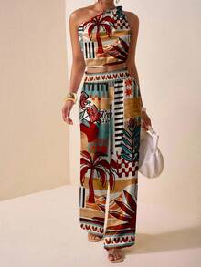 Zivah 春夏新款生日派对返校学生日常街头百搭休闲度假单肩扭结印花上衣搭配直筒宽松裤，荷叶边设计，带真口袋夏季女式两件套印花套装女式两件套夏季嘉年华服装 - 彩色 - 查看 2