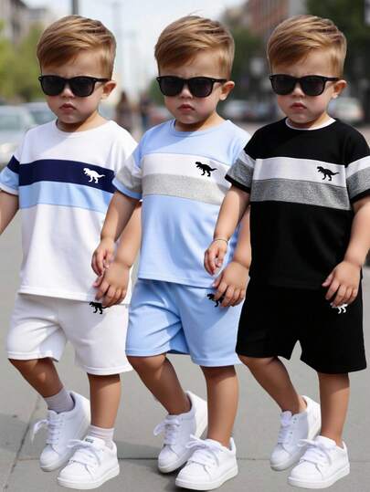 6pcs/Set Young Boy Casual Sports Streetwear Cute Stylish Tricolor Dinosaur Print T-Shirt + Shorts, Suitable For Daily Wear, School, Outings, Sports, Spring/Summer, Providing Multiple Matching Options For Toddler Boys. The Overall Design Is Simple And Generous, Comfortable And Fashionable To Wear. This T-Shirt And Shorts Set Will Make Toddler Boys Feel Comfortable And Showcase A Casual Look. This Outfit Combination Will Become A Practical And Fashionable Choice In The Wardrobe Of Toddler Boys.