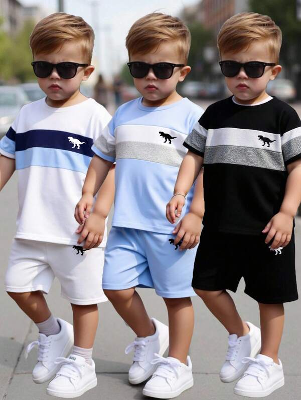 6pcs/Set Young Boy Casual Sports Streetwear Cute Stylish Tricolor Dinosaur Print T-Shirt + Shorts, Suitable For Daily Wear, School, Outings, Sports, Spring/Summer, Providing Multiple Matching Options For Toddler Boys. The Overall Design Is Simple And Generous, Comfortable And Fashionable To Wear. This T-Shirt And Shorts Set Will Make Toddler Boys Feel Comfortable And Showcase A Casual Look. This Outfit Combination Will Become A Practical And Fashionable Choice In The Wardrobe Of Toddler Boys.