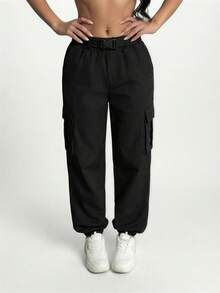 SHEIN SXY Flap Pocket Buckle Belted Cargo Pants - Black - View 4