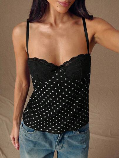 SHEIN BAE Women's Polka Dot Print Lace Patchwork Camisole