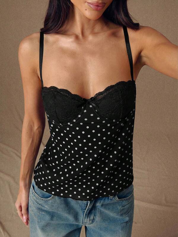 SHEIN BAE Women's Polka Dot Print Lace Patchwork Camisole