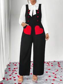 GlowEve CURVE Valentine DayPlus Size Women's Sleeveless Square Neck Corduroy Fabric Pocket Heart Decor Contrast Color Mushroom Button Jumpsuit, Elegant & Romantic For Autumn/Winter Date - Black - View 3