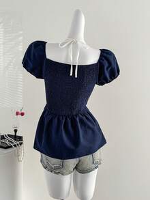 Sweetra Elegant Ruffled Collar Lace-Up Puff Sleeve Blouse, Versatile Design For Early Spring, Feminine Style - Navy Blue - View 4