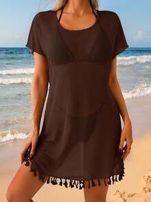 Swim Lushoire 女士沙滩度假装短袖拼接流苏网纱罩衫T恤裙 - 棕色 - 查看 1