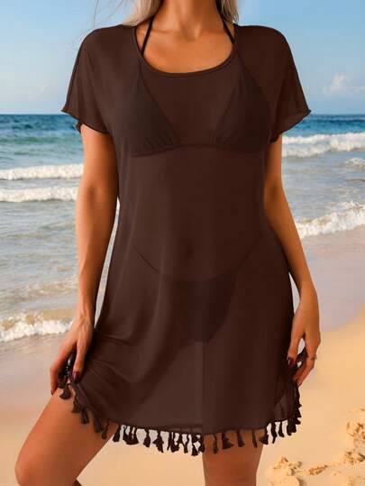 Swim Lushoire Women's Beach Vacation Outfits Short Sleeve Splice Fringe Mesh Cover Up T-Shirt Dress