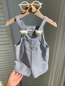 SHEIN Newborn Baby Boy Cute Summer Holiday Striped Cartoon 3D Bear Suspender Romper - Multicolor - View 5