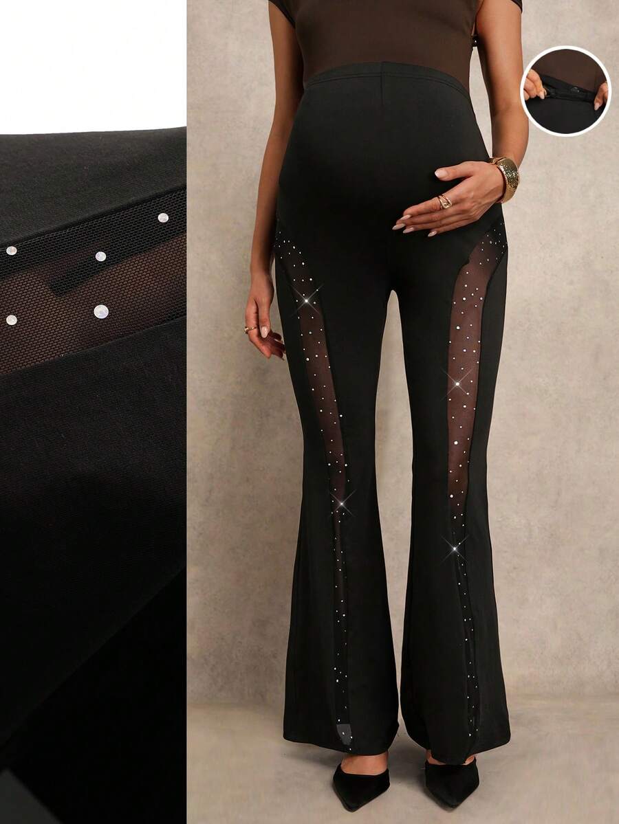 MaterniChic Maternity Clothes Maternity Pants Summer Pregnant Clothes Black Maternity Pants Maternity High Waist Mesh Patchwork Slim Fit Flare Pants  Party - Black - View 1
