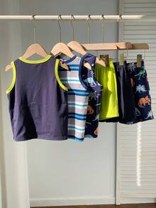 SHEIN 6件套男童夏季休闲度假可爱卡通条纹背心短裤基础款套装 - 彩色 - 查看 3