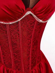 Amplova Sexy Party Women's Contrast Lace Ruffle Hem Spaghetti Strap Mini Dress - Burgundy - View 9