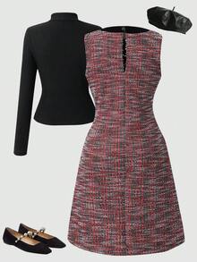 Conjunto de camiseta de cuello alto sólida y vestido ajustado sin mangas con bolsillo falso y lazo para niña preadolescente, elegante y vintage, adecuado para uso diario, citas y reuniones - Negro - Ver 2