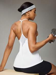 Easithlete Solid Color Mesh Patchwork Racerback Camisole, Summer Activewear - White - View 2