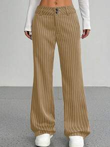 SHEIN Unity 女士腰部纽扣设计条纹阔腿休闲裤 - 摩卡棕 - 查看 6