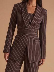 Glamine 女士棕色披肩领三件套西装套装，女士休闲通勤百搭套装，适合办公室、通勤、外出等场合，宽松休闲套装 - 棕色 - 查看 4