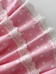 Elamini 1件黑白波点印花低腰蝴蝶结蕾丝荷叶边休闲派对可爱女士迷你裙 - 粉色 - 查看 6