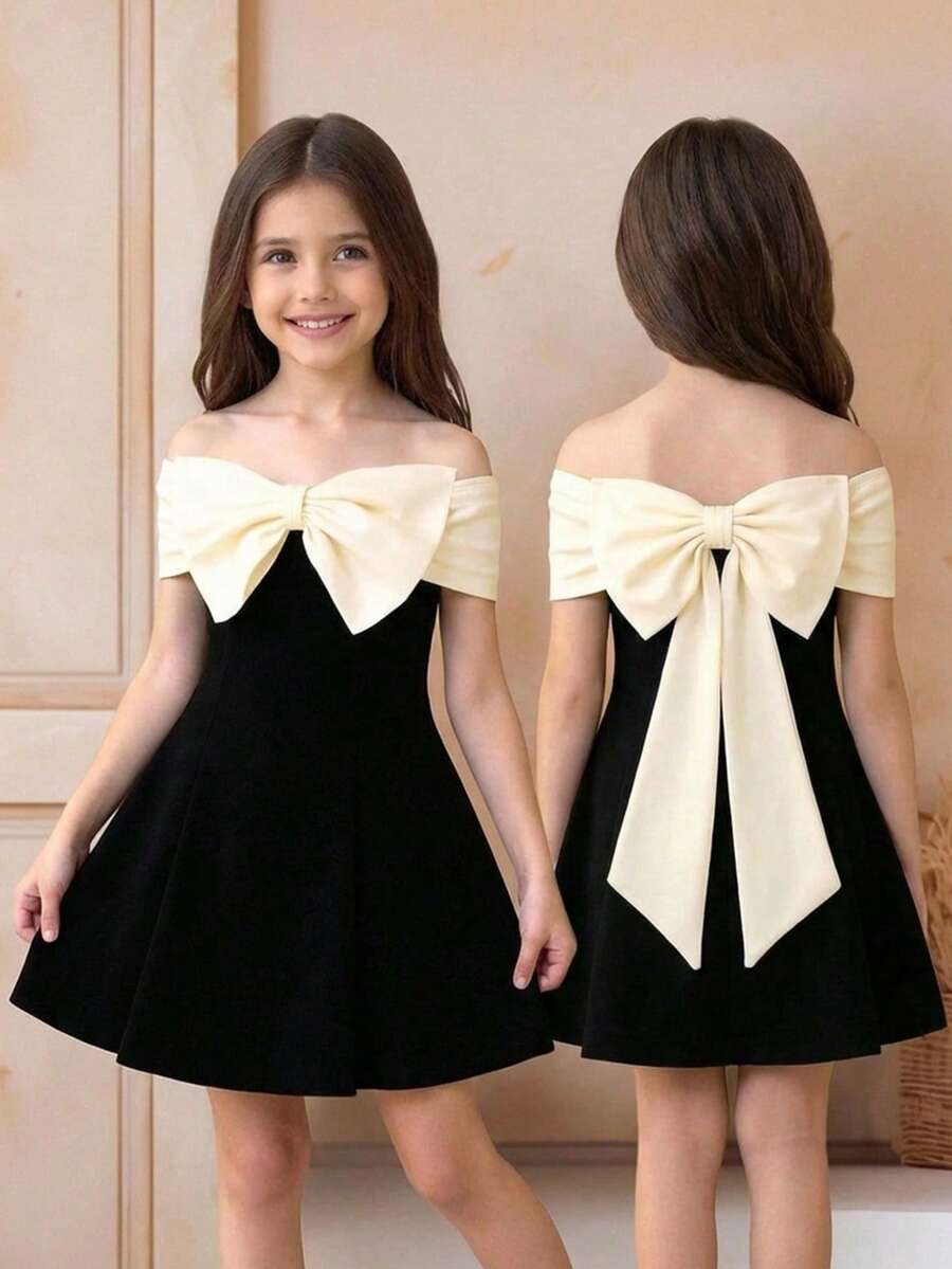 SHEIN Young Girls Off Shoulder Bow Decor Colorblock Elegant Dress - Black - View 1