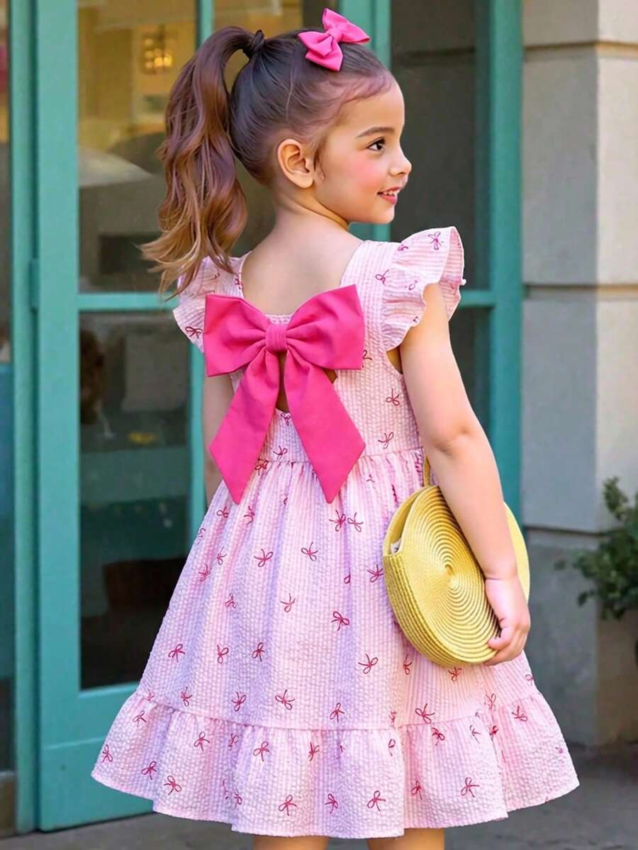 Vintaside Kids 女童优雅印花圆领荷叶袖露背蝴蝶结装饰腰部荷叶边下摆休闲时尚连衣裙，适合度假旅行，夏季穿着 - 粉色 - 查看 1