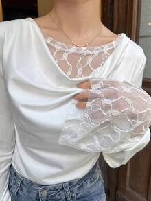 FRIFUL 女士垂褶领蕾丝拼接修身纯色T恤 - 白色 - 查看 1