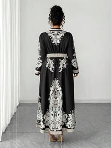 Elenzga Fashionable Casual French Retro Elegant Stand Collar Waist Cinched Floral Print Dress - Black - View 2