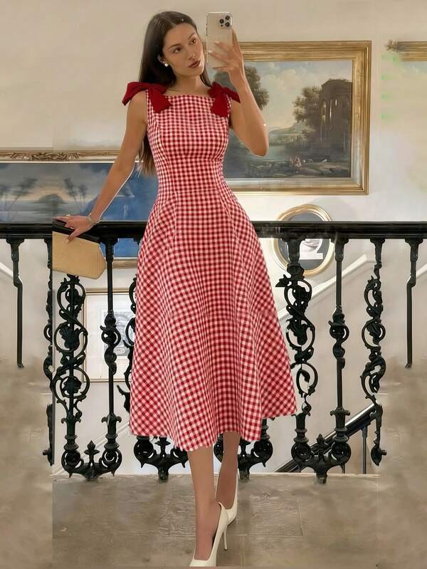 Easowa Women's Elegant Plaid Sleeveless Midi Dress, Summer Valentine's Day Dress Red Dresses For Women Casual Long Dress Summer Outfits Sleeveless Gingham Dress Picnic Dress Red Casual Dress Gingham Dress Woman Red Dress Picnic Dress For Woman Red Plaid Dress Spring Outfits,Casual Clothes