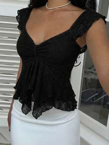 SHEIN EZwear French Romantic Lace Trim Layered Sleeveless Asymmetrical Ruffle Hem Top - Black - View 5