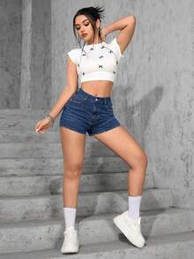 Jeanoix 大码Y2K牛仔风蓝色弹力性感紧身短裤，春季女装 - 深色水洗藍 - 查看 6