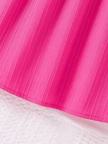 SHEIN 少女夏季短袖紋理圓領裙 - 玫紅色 - 查看 3