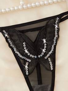 1pc Women's Sequin Mesh Butterfly Thong Panty - Black - View 3