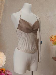 Swim SXY Women's Mesh Camisole Top With Rhinestones, Sexy Party/Music Festival Outfit, Swimwear - Camel - View 4