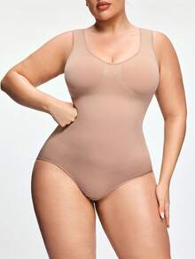 SHAPORA 女士无缝V领塑身连体衣，纤体塑形，收腹提臀，紧身包臀连体衣，可作外衣穿着 - 杏色 - 查看 5