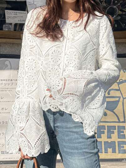 FRIFUL Women's Solid Color Layered Sheer Lace Bell Sleeve Loose Casual Versatile Blouse, Spring