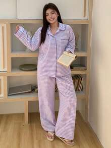 Dazy Plus 2 piezas Conjunto de pijama a cuadros, parte superior holgada con solapa y pantalones largos, traje de ropa de dormir para primavera, verano y otoño - Morado - Ver 4