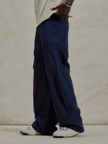 Wide Leg Baggy Style Nylon Basic Trouser Pant Button Up Belt Loop Detailing Winter Essentials - Navy Blue - View 3