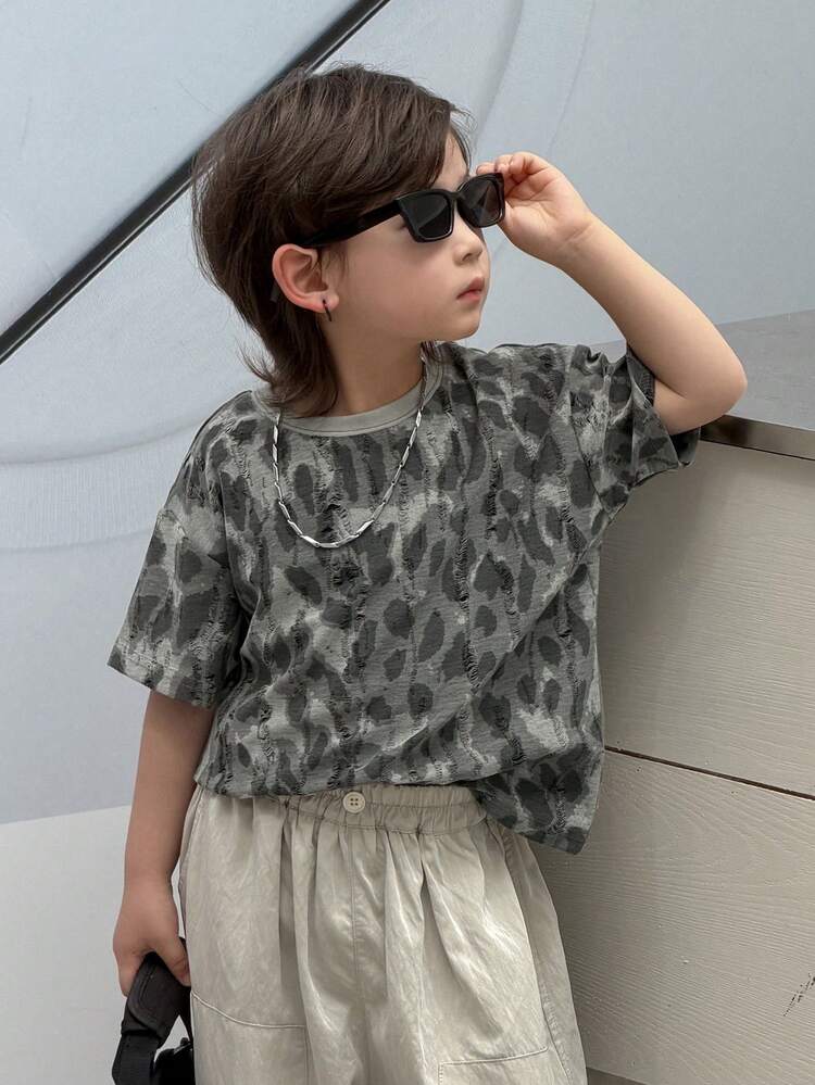 Young Boy Full Print Round Neck Short Sleeve Casual Distressed Loose T-Shirt