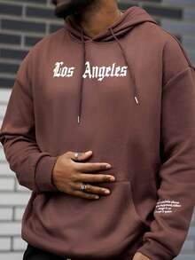 Heavens Edit Men's Los Angeles Letter Pouch Pocket Hoodie Sweatshirt, New Autumn/Winter, Long Sleeve Top - Brown - View 5