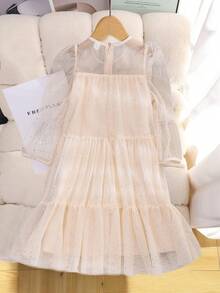 Robe décontractée de style princesse à manches longues pour préadolescentes, avec décoration de perles rondes, de paillettes et de maille, de couleur rouge - Nude - Voir 2