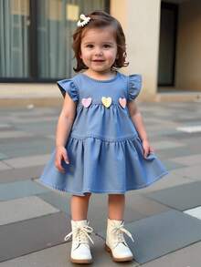 Baby Girl Floral Print Loose Denim Dress With Ruffle Hem And Flutter Sleeves, Light Blue Washed Denim, Spring/Summer New Arrival - Medium Wash - View 4