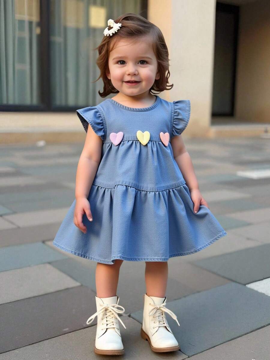 女婴碎花印花宽松牛仔连衣裙，荷叶边下摆和飘逸袖子，浅蓝色水洗牛仔布，春夏新品 - 中等水洗藍 - 查看 1
